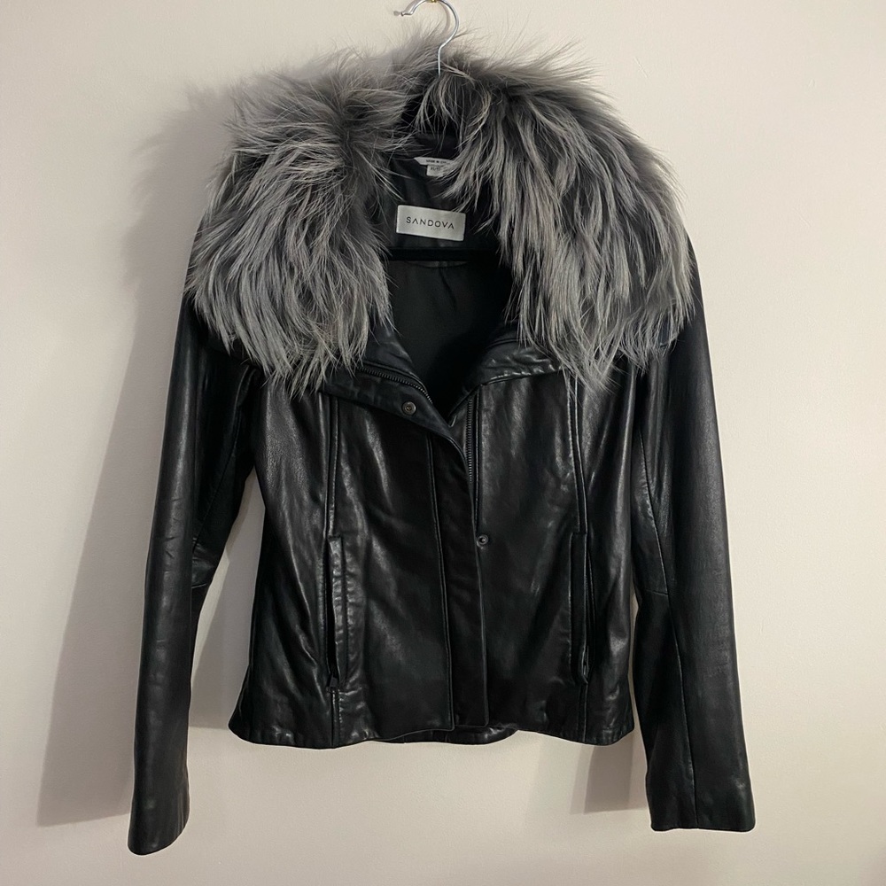 Leather jacket with removable natural fur